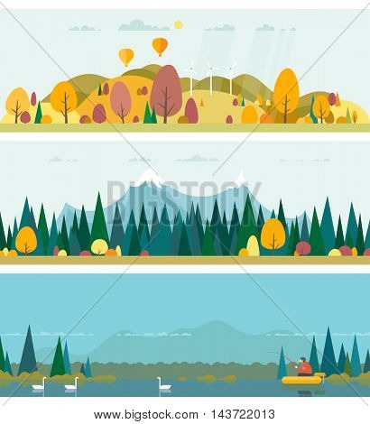 Vector flat illustrations - Eco style life. Abstract forest. Wildlife. Forest view. Fishing on the lake in the woods. Autumn.