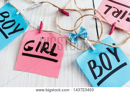 Handmade greeting garland for newborn kids. Pretty chaplet made with pink and blue stickers and twine on white background. It's a girl and boy twins concept