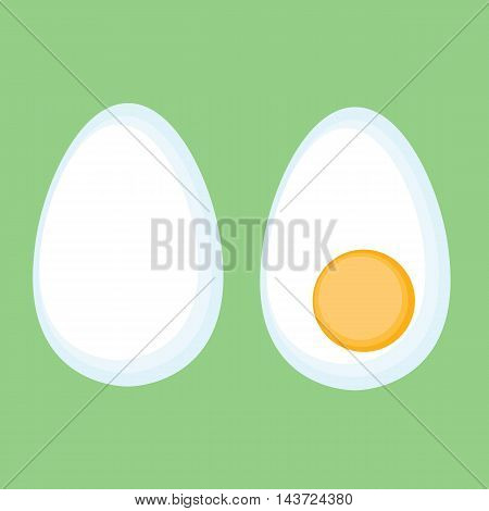 Cartoon egg whole and cut in half with the yolk.