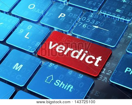 Law concept: computer keyboard with word Verdict on enter button background, 3D rendering