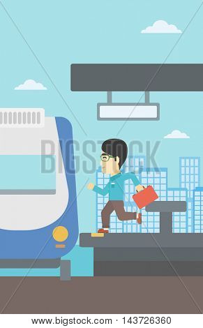 An asian latecomer man with briefcase running along the platform to reach the train. Young man came too late at train station. Vector flat design illustration. Vertical layout.