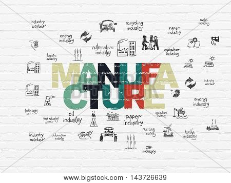 Manufacuring concept: Painted multicolor text Manufacture on White Brick wall background with  Hand Drawn Industry Icons