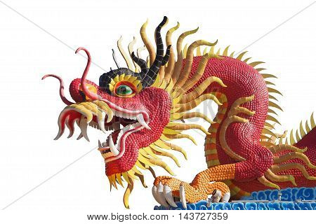 Red big dragon statue isolated on white background in public place of worship Chonburi province Thailand.