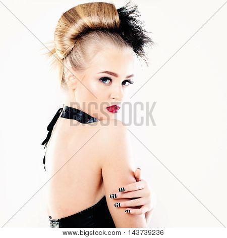 Glamorous Woman on white. Hairstyle Makeup and Manicure