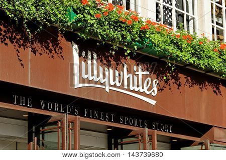 LONDON ENGLAND - JULY 8 2016: Lillywhites on Piccadilly circus. It is a 5-storey emporium founded in 1863 by leading cricket family with 34 specialist sports departments.