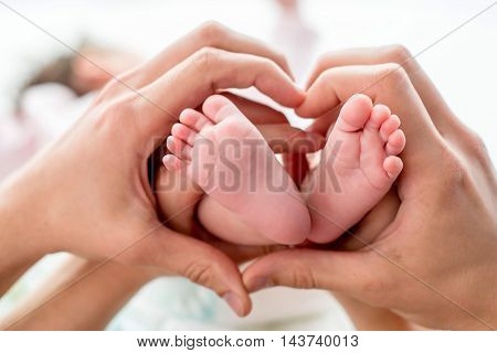 newborn baby feet on mom and dad hands shape like a lovely heart. happy family concept