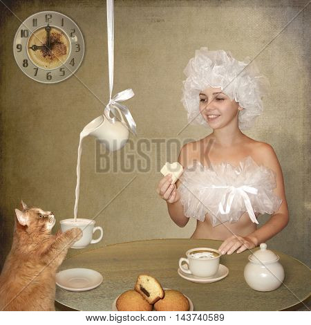 Time for breakfast. A girl is feeding her cat. The milk is poured into a cup.