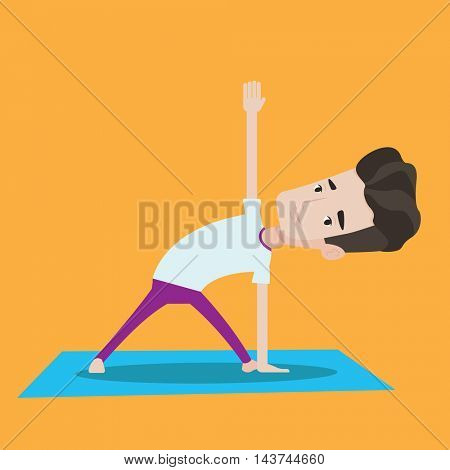 Young man standing in yoga triangle pose. Man meditating in yoga triangle position. Man doing yoga. Vector flat design illustration. Square layout.
