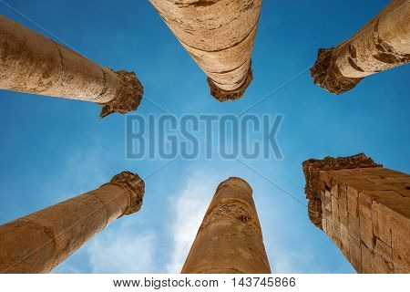 Roman columns in the Jerash (Gerasa) Jordan. Ancient Jerash. Ruins of the Greco-Roman city of Gerasa Jordan.