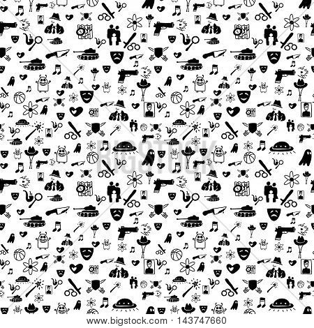 Vector hand drawn cartoon seamless pattern with cinema genres. Movie genres theme: action romance fantasy sci-fi comedy drama. Black and white pattern for paper textile game web design