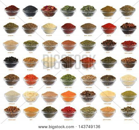 spices of a collage are isolated on a white background with names