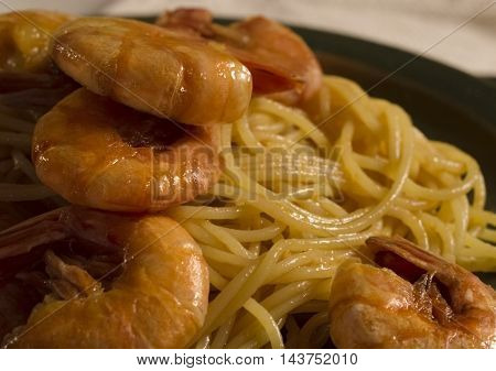 Delicious dish of yummy spaghetti with prawns