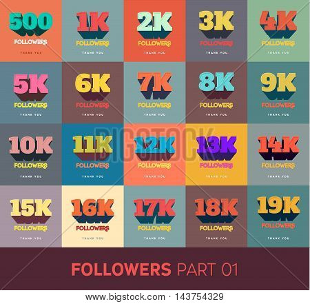 Retro Thanks Design SET for Network Friends and Followers. Thank you followers card. Image for Social Networks. Web user celebrates a large number of subscribers or followers.