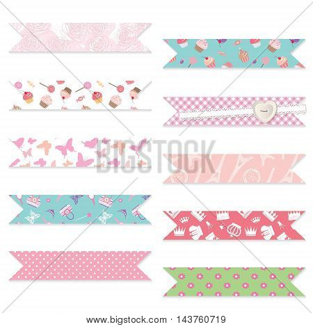 Festive ribbons set. Decorative elements for birthday, baby shower design. Seamless patterns are full under clipping mask.