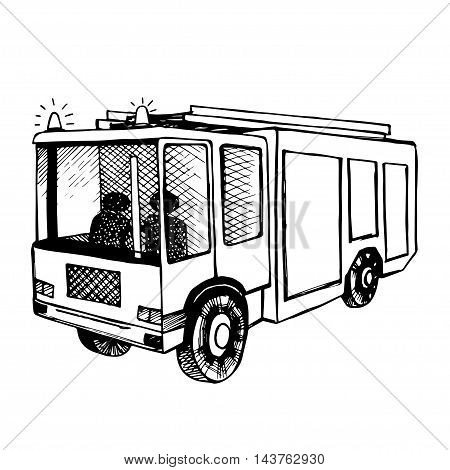 Hand drawn fire truck isolated on white. Black outline, Vecktor illustrated.