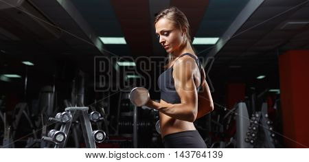 Fitness woman pumping up muscles with dumbbells. Fitness woman in the gym. Perfect physique athletic young woman with six pack, perfect abs, shoulders and biceps.