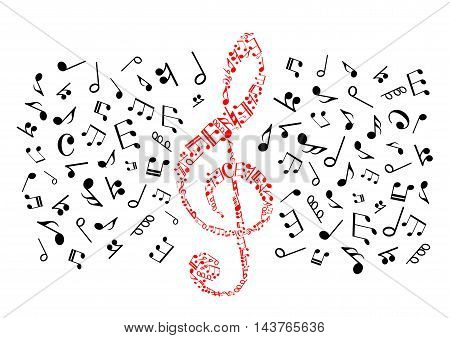 Music notes icons. Background with red treble clef shape of black vector musical stave elements