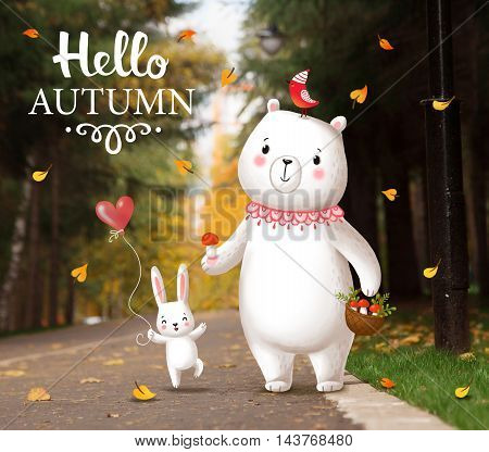 Funny bunny and bear striding through the park. Cute animals are walking in the park on a path. Picture on autumn theme. Greeting card with the inscription Hello Autumn .