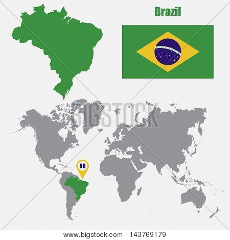 Brazil map on a world map with flag and map pointer. Vector illustration