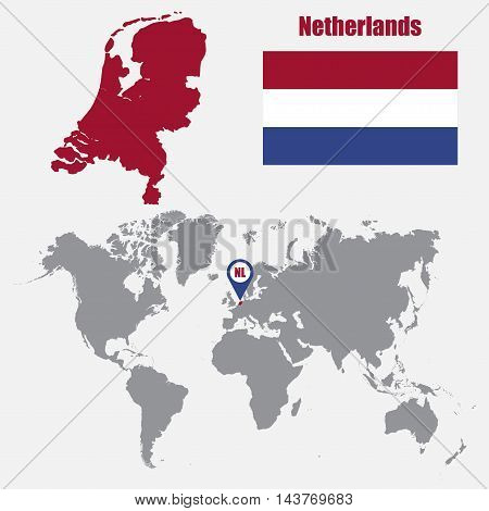 Netherlands map on a world map with flag and map pointer. Vector illustration
