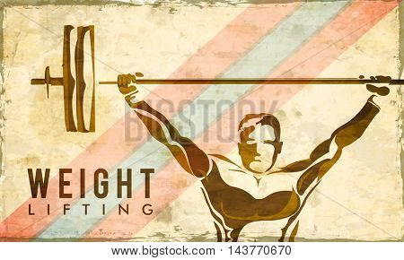 Vintage sports background with illustration of Weight Lifter Athlete lifting heavy weight, Can be used as Poster, Banner or Flyer design.
