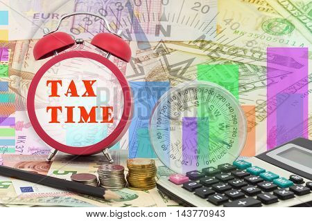 Written word Tax time on clock with compass coins and Calculator on money banknotes Euro and Dollarsconcept of business planning and finance and savings