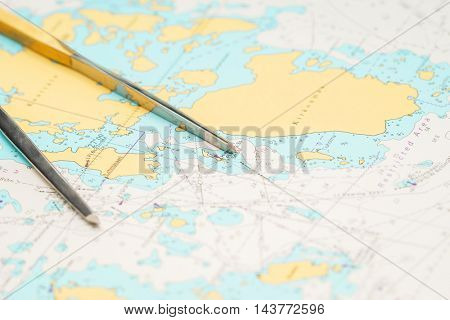 Navigation still-life. Skipper equipment and a map. Sailing concept.