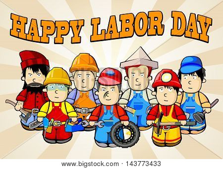 Labor Day background. Card Happy Labor Day. Illustration in a cartoon style. Representatives of various blue-collar occupations. Fully editable vector.