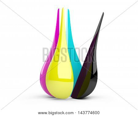 CMYK concept with divided glosy drop of ink or paint toner. 3d rendering high resolution.