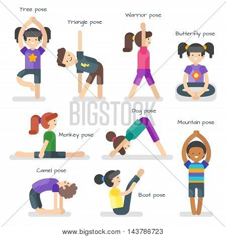 Vector illustration of cute girl in yoga different poses.