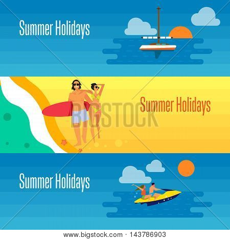 Summer holidays banner vector illustration. Young happy couple walking on beach. Seascape with yacht, sunset and couple riding jet ski. Boating, beach activities, water ski. Concept of holiday at sea