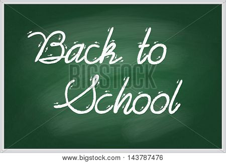 Vector illustration of words Back to school handwritten with white chalk on a green school board in a metal frame. EPS 10