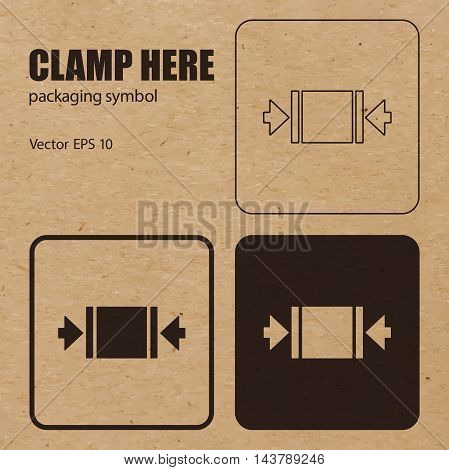 Different appearances of Clamp Here packaging symbol on craft paper background can be used on the box or packaging. Vector EPS 10.