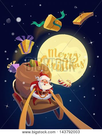 Christmas Card. Santa with the bunch of presents and candies riding on a sleigh with the moon at the background. Merry Christmas Lettering. Vector illustration.
