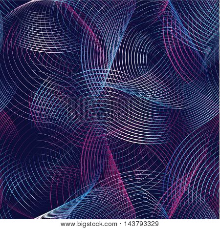 Abstract vector seamless pattern futuristic background with colored circular lines and waves. Decorative element looking volumetric and luminous.