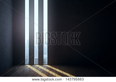 Abstract dark empty room interior with concrete walls wooden floor and three thin liniar windows revealing city view. 3D Rendering