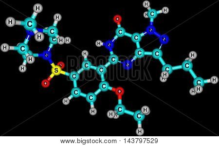 Sildenafil is a medication used to treat erectile dysfunction and pulmonary arterial hypertension. Its effectiveness for treating sexual dysfunction in women has not been demonstrated. 3d illustration