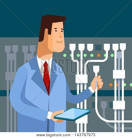Vector flat illustration of network engineer administrator working with hardware equipment of data center. Admin and server rack networking service