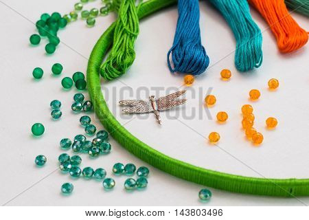 set for making a Dreamcatcher beads thread on a white background