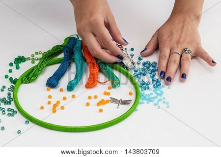 set for making a Dreamcatcher beads thread on a white background