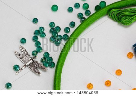 set for making a Dreamcatcher beads thread on a white background