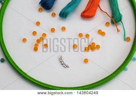set for making a Dreamcatcher beads thread on a white background
