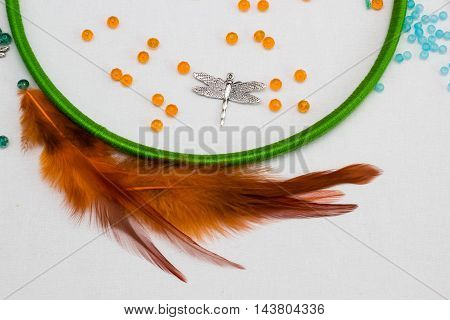 set for making a Dreamcatcher beads thread on a white background
