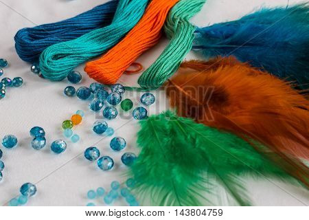 set for making a Dreamcatcher beads thread on a white background