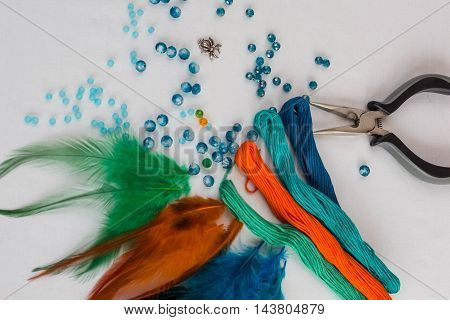 set for making a Dreamcatcher beads thread on a white background