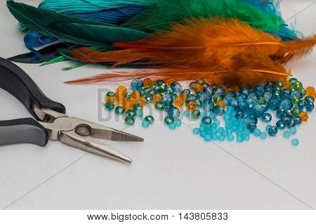 set for making a Dreamcatcher beads thread on a white background