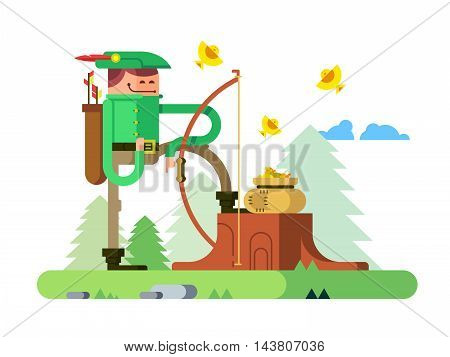 Character of Robin Hood. Arrow and bow, archer hero man, flat vector illustration