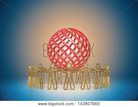 3D rendering Circle of golden people standing around the red globe joining together empowering the team to achieve the goal business concepts on blue gradient background with copy space.