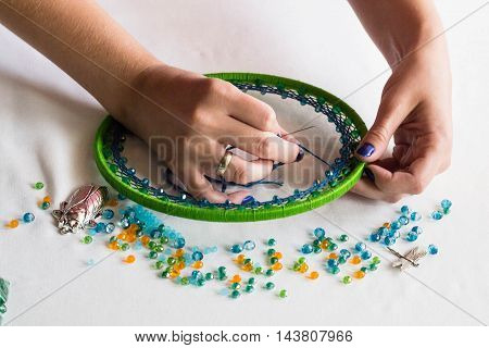 set for making a Dreamcatcher beads thread on a white background