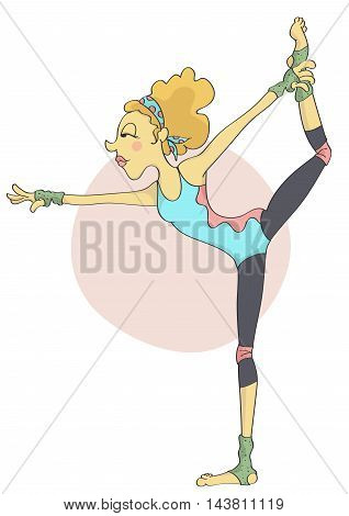 Cartoon of funny, stylish woman with fit body in sporty outfit doing yoga workout.